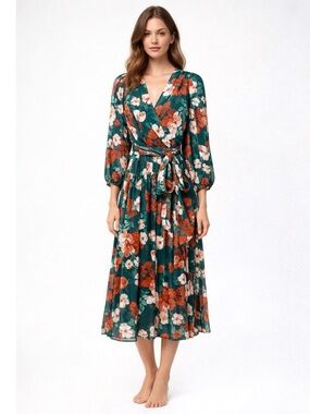 NWOT Calvin Klein Green Floral Faux Wrap Midi Dress Size 4